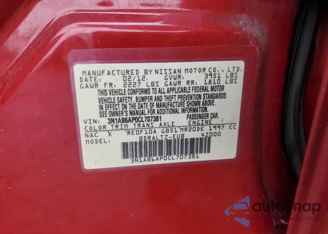 2012 Nissan Sentra 2.0 z USA, uszkodzony, nr VIN 3N1AB6AP0CL707381